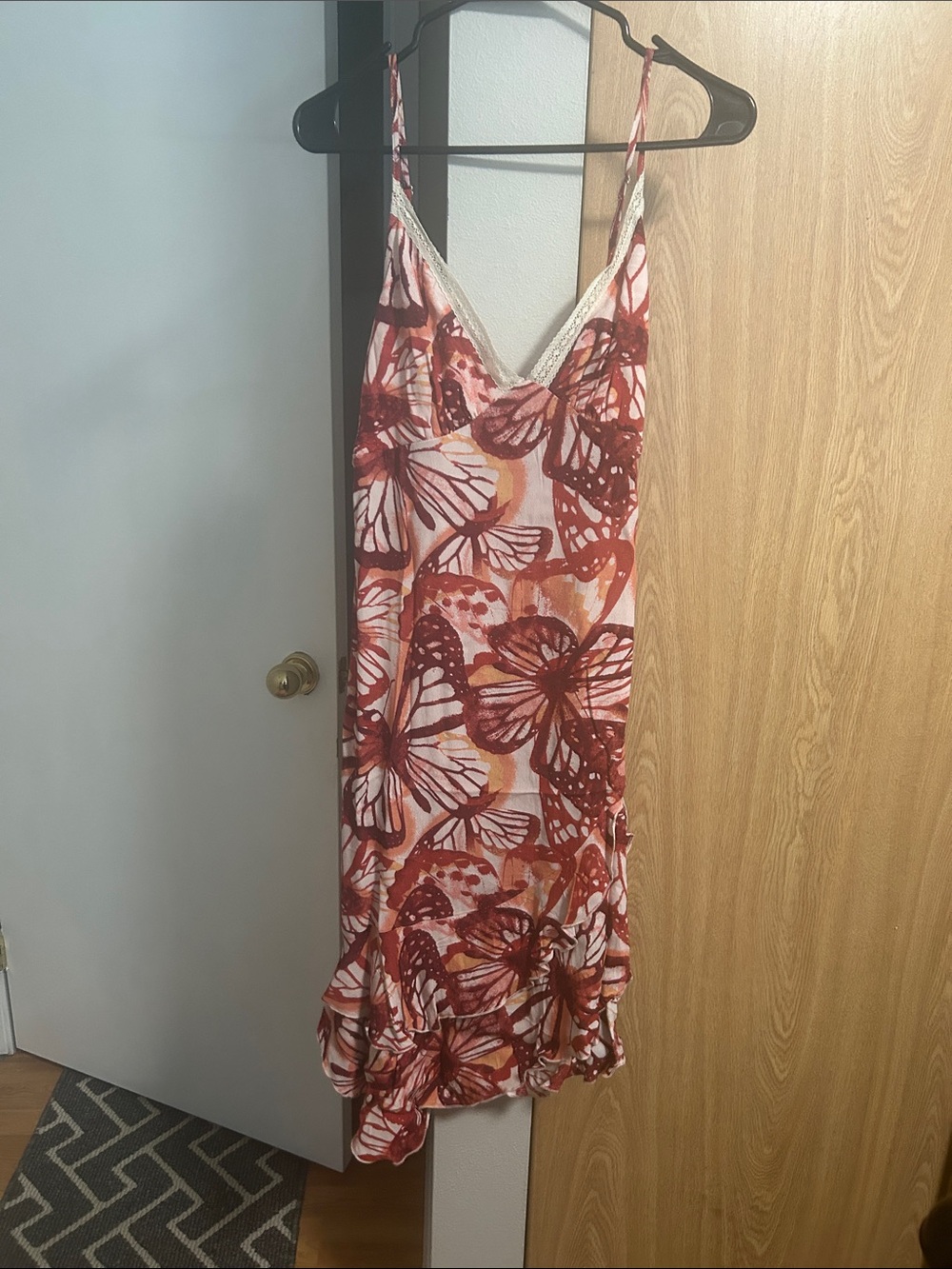 Strapless Butterfly-Print Slip Dress in Red/Pink